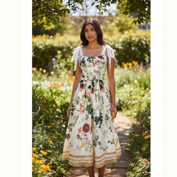 Alice & Olivia Haven Flared Midi Dress Floral White Sleeveless Broken Zip - Picture 8 of 13